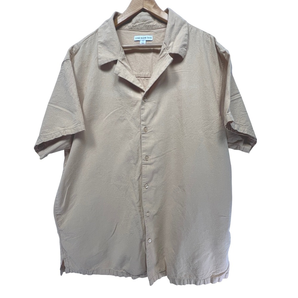 AND NOW THIS Mens XXL Tan Cotton Linen Short Sleeve Camp Collar Button Down Top